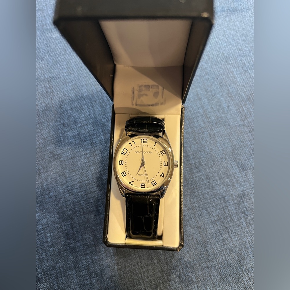 Bloomingdale’s Silver Dial Watch with Black Leather Strap